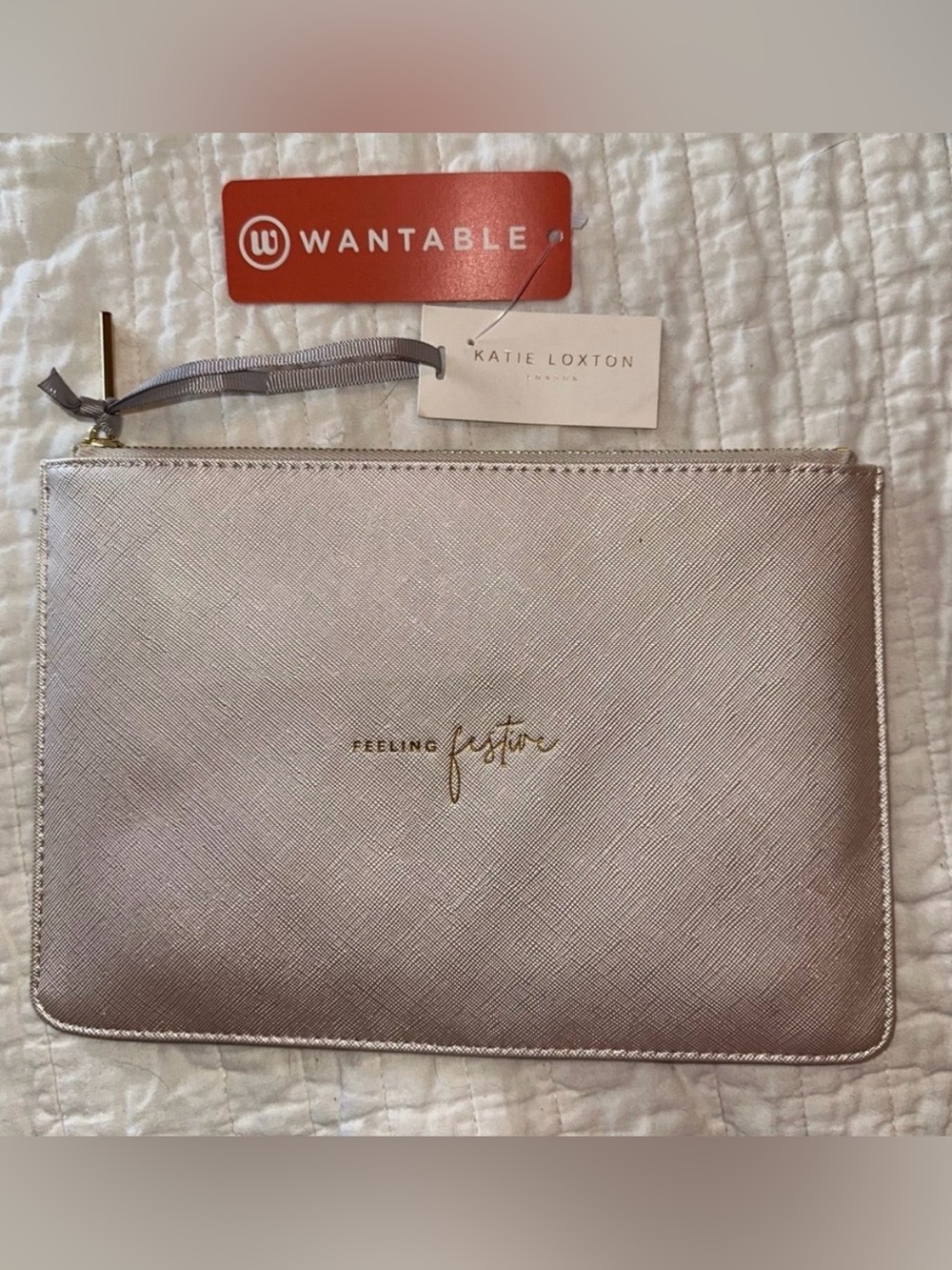 Katie Loxton NWT Perfect Pouch Ivory Gold Saffiano Wristlet Clutch Holiday Bag